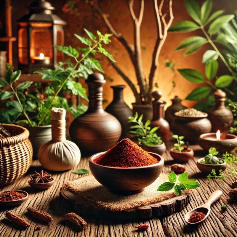 A bowl of Ayurvedic herb Manjistha on a wooden table in a traditional Ayurvedic setting. The table is surrounded by natural elements such as herbal pl