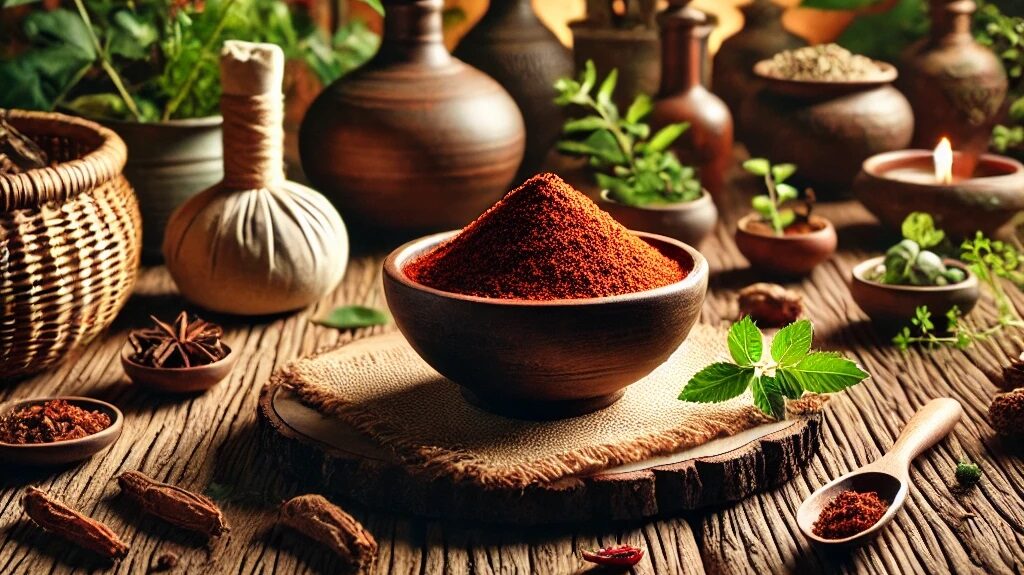 A bowl of Ayurvedic herb Manjistha on a wooden table in a traditional Ayurvedic setting. The table is surrounded by natural elements such as herbal pl