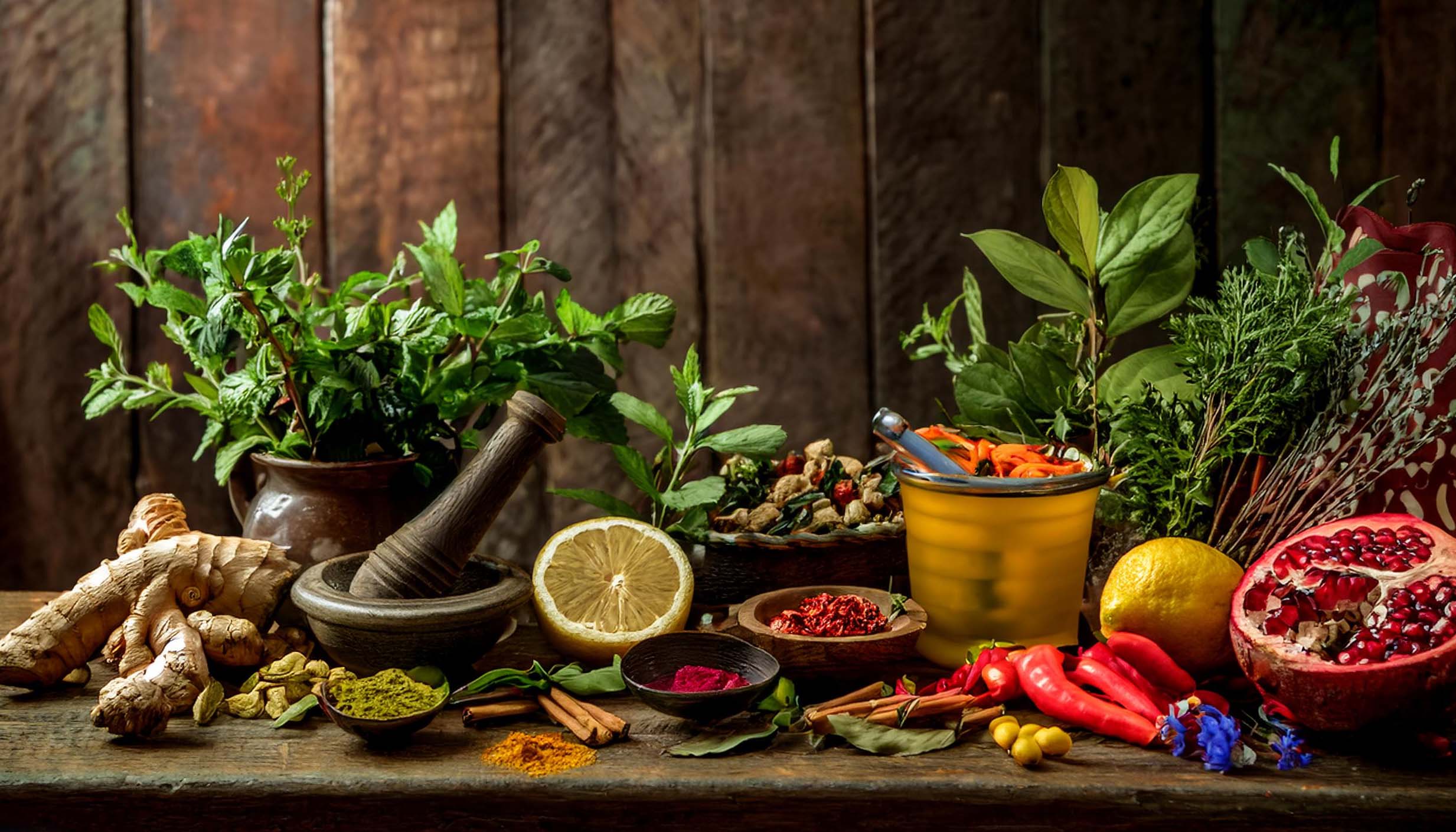 Ayurvedic detox scene. Include a serene background with natural