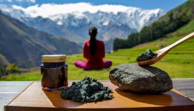 Natural supplement Shilajit in a vibrant, with Himalaya Mountain in Background