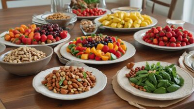 The Science of Antioxidants in Ayurveda: Foods for Cellular Health 2 Plates with Fresh Fruits Nuts Spices Vegetables for healthy diet