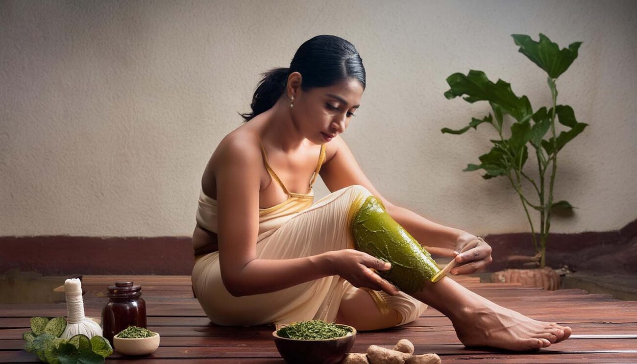 Women applying a paste made from Ayurvedic herbs to their sore knee