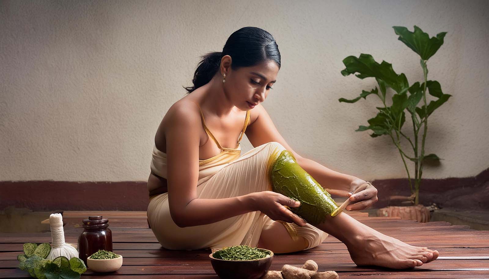 Women applying a paste made from Ayurvedic herbs to their sore knee