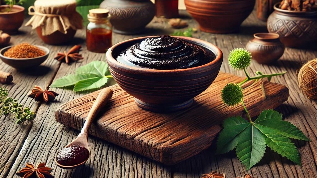 A bowl of chyawanprash on a wooden table in a traditional Ayurvedic setting. The table is surrounded by natural elements like herbal plants, green lea