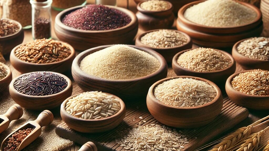 A display of various blood sugar-friendly foods on a wooden table, including quinoa, brown rice, barley, oats and millet