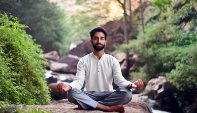 A person meditating in a peaceful natural surrounding